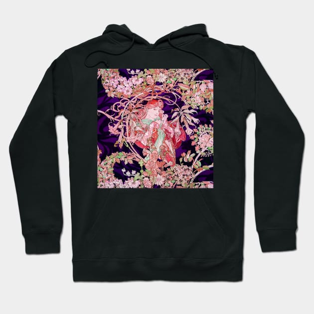 Woman with Daisy Among Pink Flowers ,Wild Roses,Floral Swirls Art Nouveau Portrait Hoodie by BulganLumini